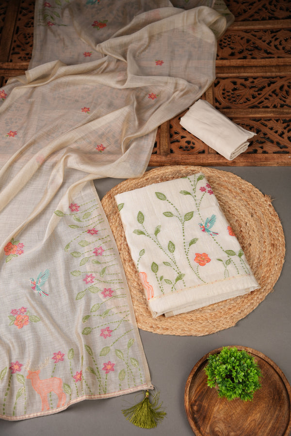 Conscious Couture Beige Muslin Cotton Pichwai Unstitched Suit Set